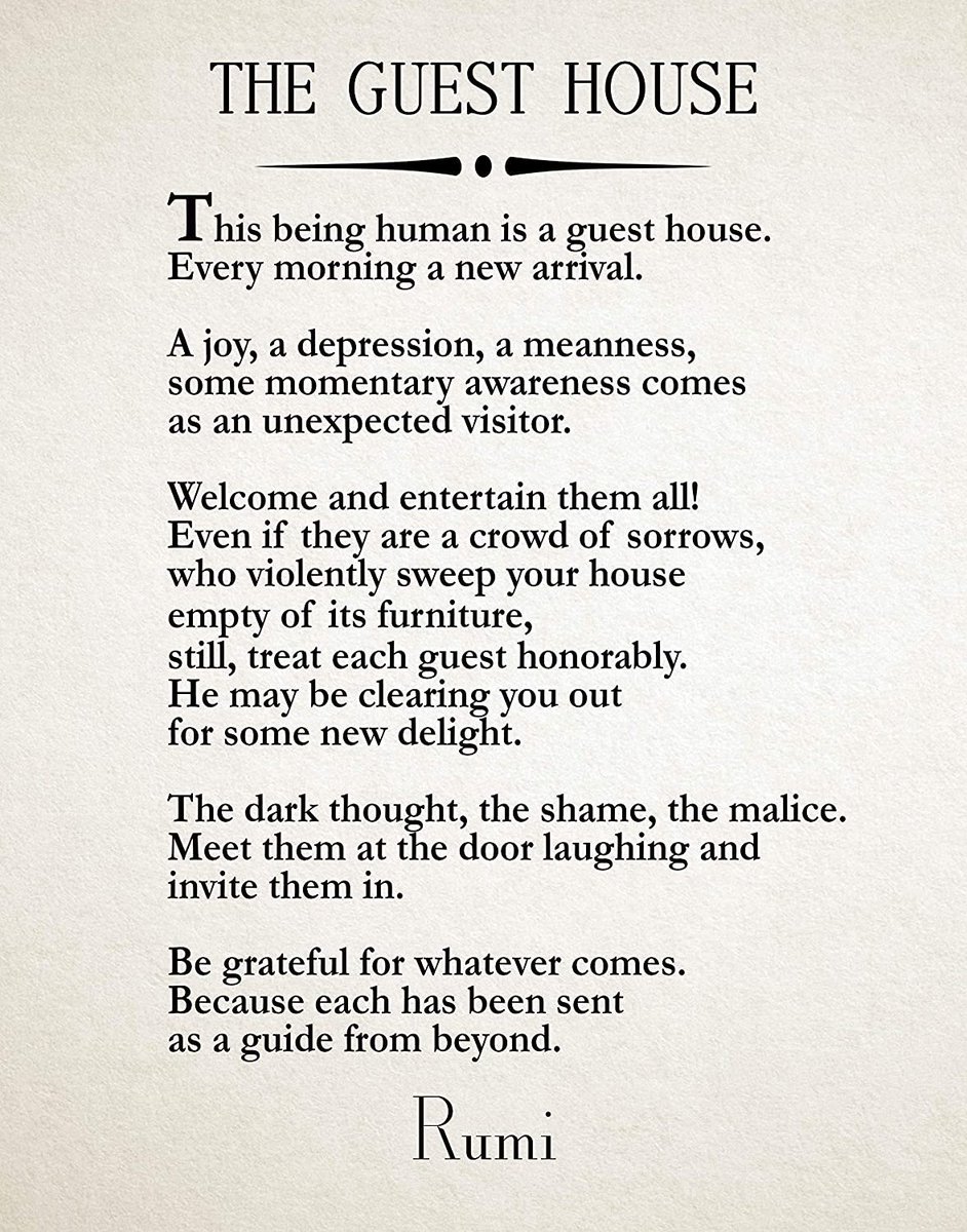 SeniorEnglishC1's tweet photo. Today's Poem of the Day is the famous "The Guest House" by Rumi which sagely advises us to welcome every visitor into our life as "each has been sent as a guide from beyond". #practicalpoetry #literarylifesupport #LifeLessons https://t.co/Fg4ZUCqf0Y