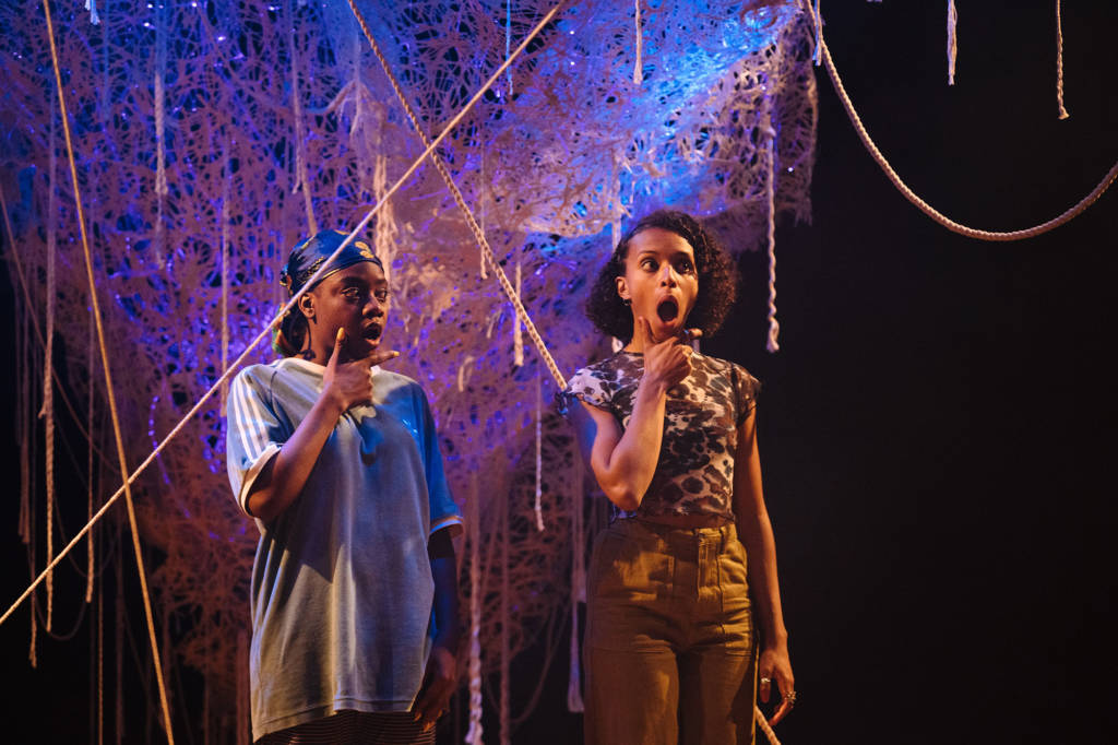 ScriptinHandpod's tweet image. Here are a few pics from the fabulous Royal Court Production of Seven Methods of Killing Kylie Jenner by Jasmine Lee Jones that we reference in our latest ep. #internetweb

Cleo (Danielle Vitalis) and Kara (Tia Bannon) in Seven Methods of Killing Kylie Jenner. 
📷by Helen Murray