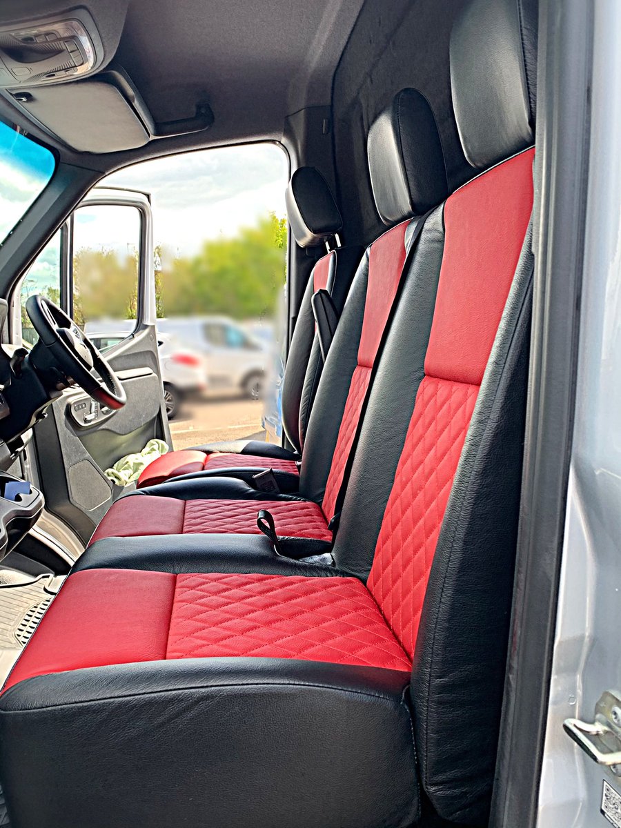 Bespoke leather re-trim patterned and made here in our own workshop #Mercedes #leatherseats #cartrimmer #diamondquilting #paddockwood #redandblack #custominterior #mercedessprinter #retrim