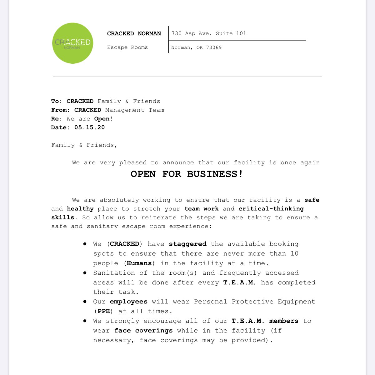 We’re Open!
Get your room booked!