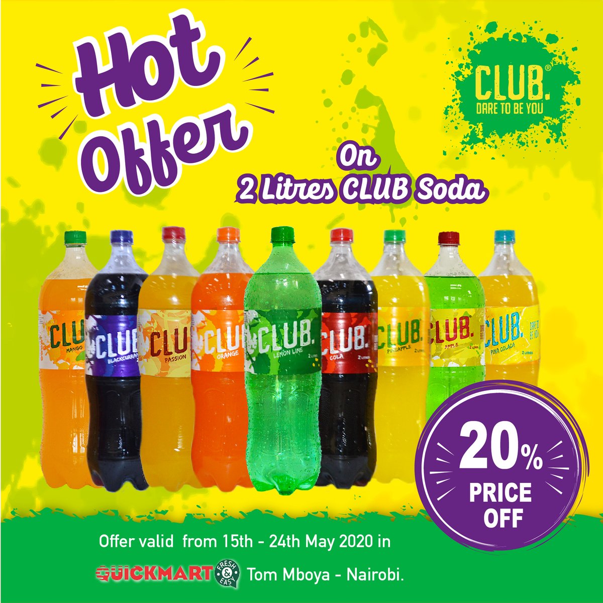 CLUBSoda_KE's tweet photo. 🔥 HOT OFFER!! 🔥 Enjoy 20% PRICE OFF on any CLUB Soda variant - 2 litres at @QuickmartKenya supermarket, Tom Mboya - Nairobi. #CLUB #DareToBeYou #CLUBSoda #CLUBOffer #PriceOff #Soda https://t.co/xAMDTtGJja