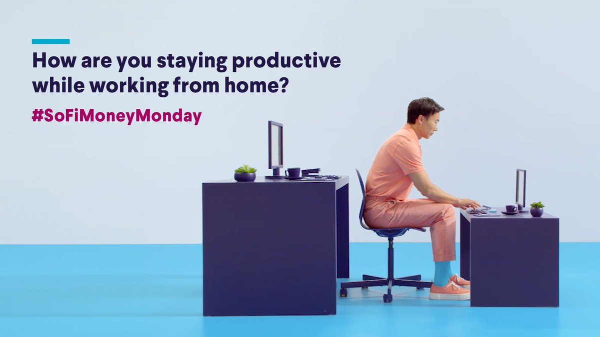 SoFi's tweet photo. It's #MoneyMonday. RT and share your best tips on how you’re staying productive while working from home for a chance to win $100 in your #SoFiMoney account.

Entries must be submitted by 5/19 at 9AM PT. No purchase necessary. #SweepsEntry Official Rules: https://t.co/5ekZvTIJYU https://t.co/cbCIyOvuGX