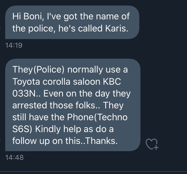 bonifacemwangi's tweet photo. A police officer named Karis using a Toyoto Corolla KBC 033N allegedly arrested Allan Mutukwa for filming him. Karis asked for Sh5000 bribe &amp; Allan raised Sh3000. Karis has Allan’s phone and he wants the balance Sh2000. Allan is asking for help to get his phone back @FredMatiangi https://t.co/B3J2AwwREw