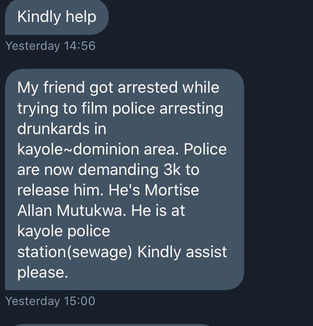 bonifacemwangi's tweet photo. A police officer named Karis using a Toyoto Corolla KBC 033N allegedly arrested Allan Mutukwa for filming him. Karis asked for Sh5000 bribe &amp; Allan raised Sh3000. Karis has Allan’s phone and he wants the balance Sh2000. Allan is asking for help to get his phone back @FredMatiangi https://t.co/B3J2AwwREw