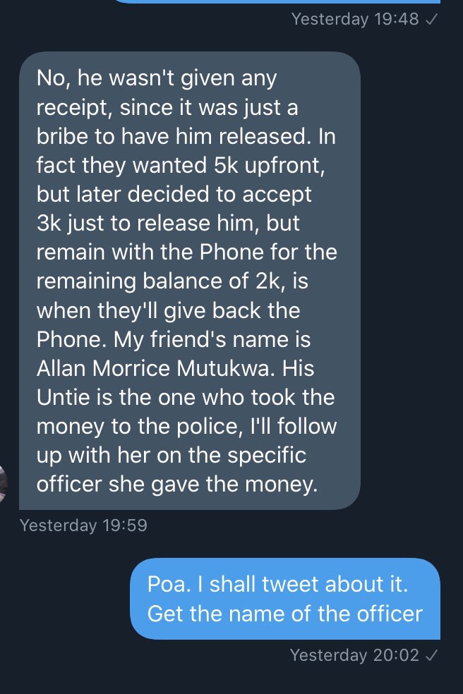 bonifacemwangi's tweet photo. A police officer named Karis using a Toyoto Corolla KBC 033N allegedly arrested Allan Mutukwa for filming him. Karis asked for Sh5000 bribe &amp; Allan raised Sh3000. Karis has Allan’s phone and he wants the balance Sh2000. Allan is asking for help to get his phone back @FredMatiangi https://t.co/B3J2AwwREw