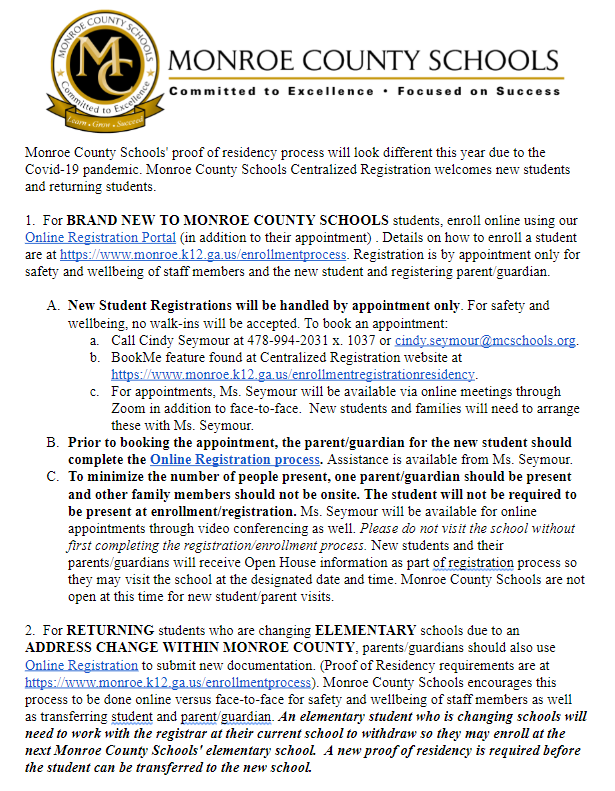 monroe_schools's tweet photo. Monroe County Schools' proof of residency process is different due to the Covid-19 pandemic. MCS Centralized Registration welcomes new students and returning students.  See
https://t.co/Fw9symr7Fc https://t.co/AwF6gGEERT #committedtoexcellence #learngrowsucceed https://t.co/qva6x6nyC6