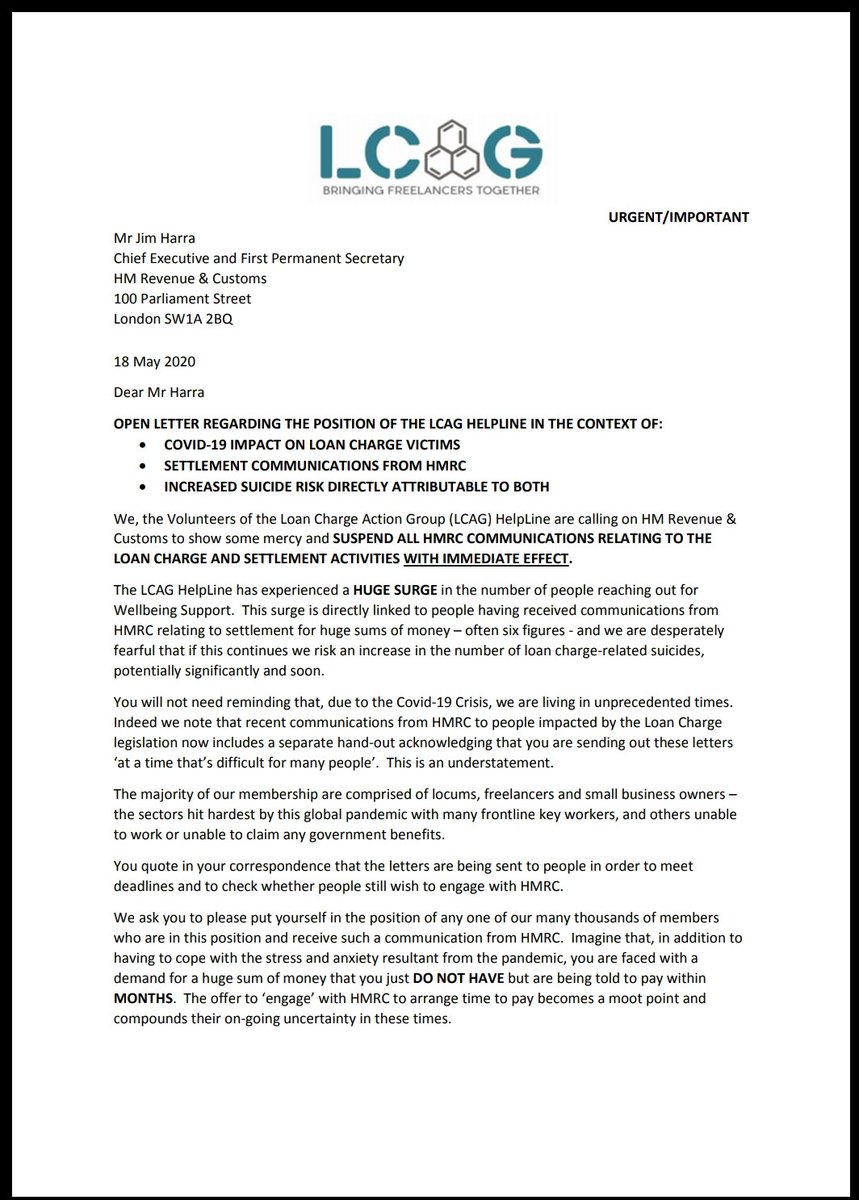 LCAG_2019's tweet photo. In #MentalHealthAwarenessWeek LCAG Helpline calls on HMRC to URGENTLY suspend all #LoanCharge &amp; settlement communications IMMEDIATELY. Unpayable demands plus lost livelihoods due #coronavirus pushing #mentalhealth to limit and risks more tragic suicides.
https://t.co/dgas3AZ9Jc https://t.co/uWzwH0ebWa