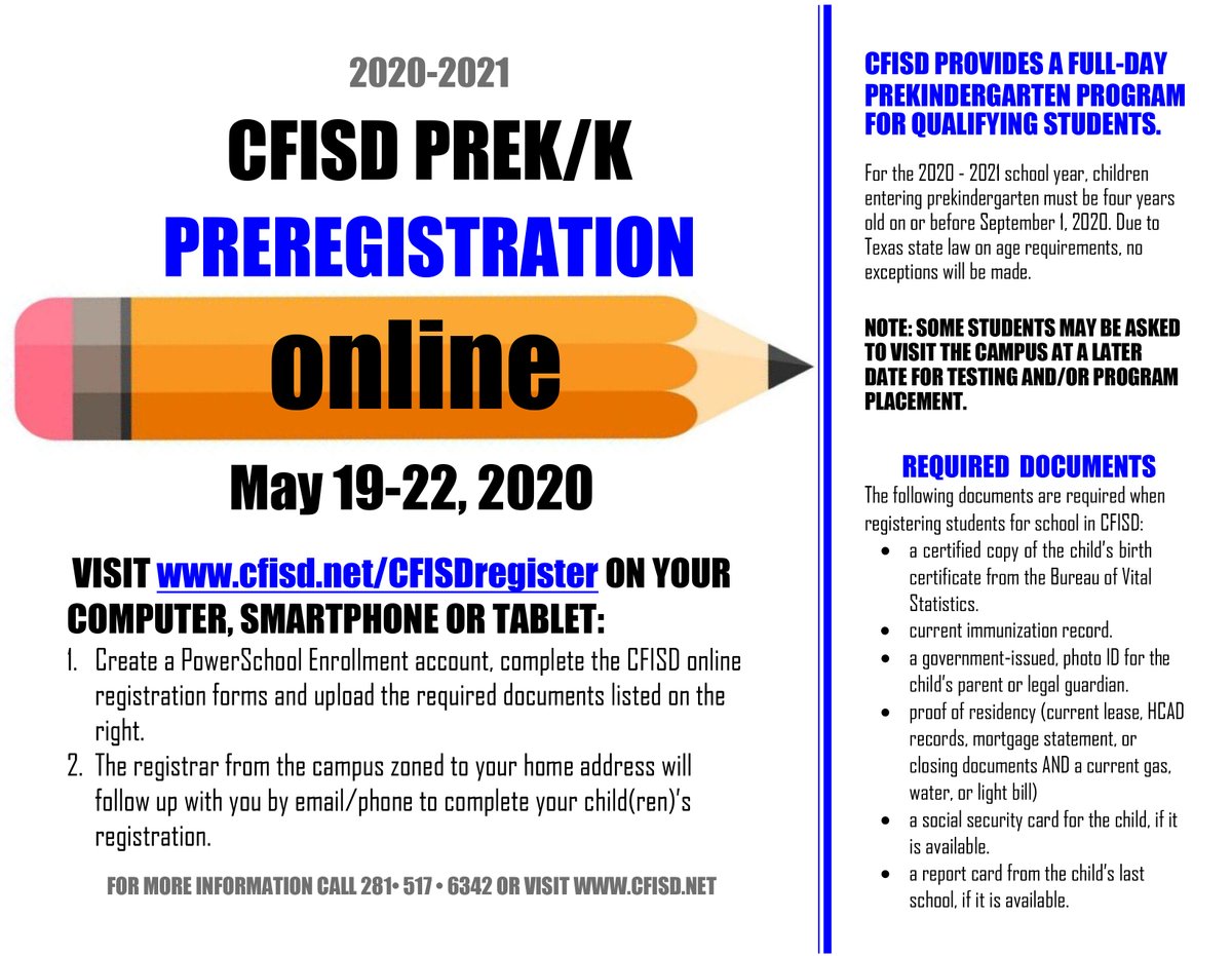 CyFairISD's tweet photo. Pre-K and kindergarten online preregistration starts Tuesday, May 19. Visit https://t.co/Nm2EgiqipX. Call 281-517-6342 for more information. #CFISDspirit https://t.co/BO8b1Vks1z