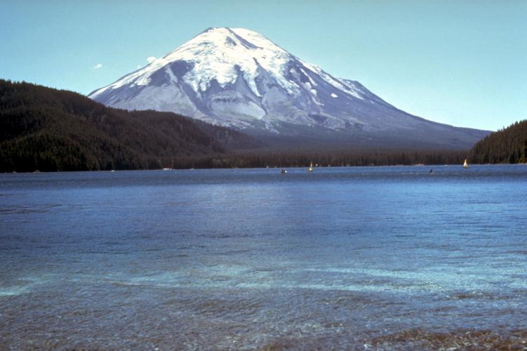 Mount St. Helens before the May 18, 1980 eruption. View from the northeast of Spirit Lake.