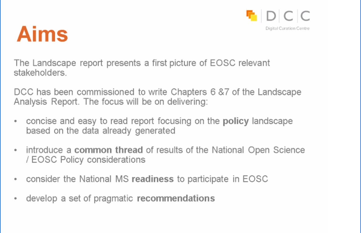 EoscSecretariat's tweet photo. In Breakout Session III @jd162a from @digitalcuration talks about starting the analytical phase of the #landscape report. "Looking to pull out policy-related angles and pragmatic recommendations with a first draft in mid-June" #EOSCCD #EOSChubWeek https://t.co/tAoXYm7bfe