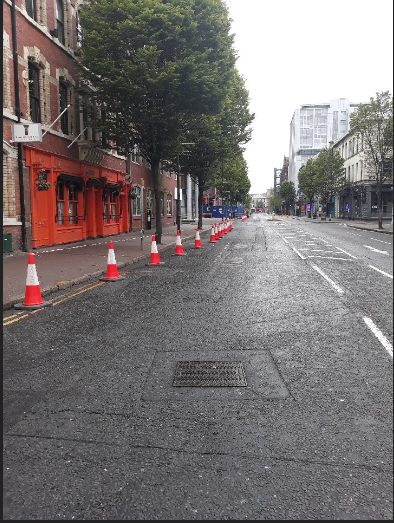 To assist social distancing a number of footpaths across Belfast have now been widened with the temporary placement of cones, while access to some parking spaces has been removed. Further work will follow. Please respect the 2 metre rule.