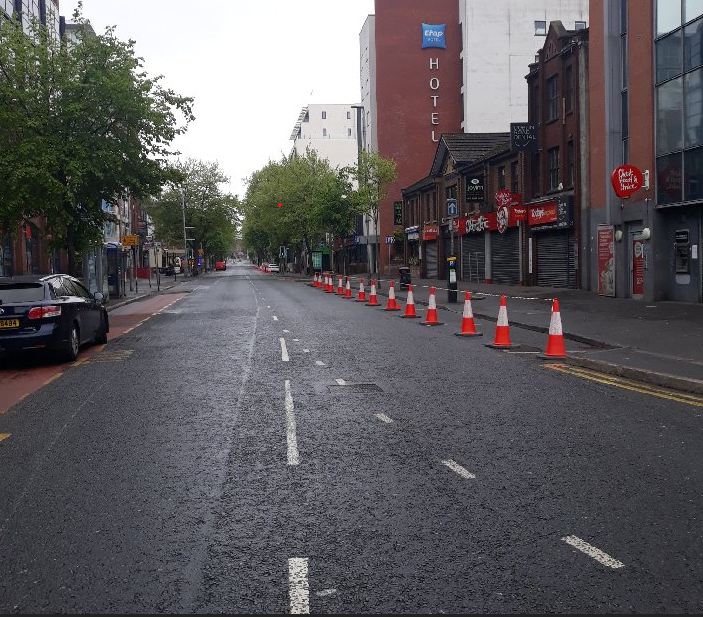 To assist social distancing a number of footpaths across Belfast have now been widened with the temporary placement of cones, while access to some parking spaces has been removed. Further work will follow. Please respect the 2 metre rule.