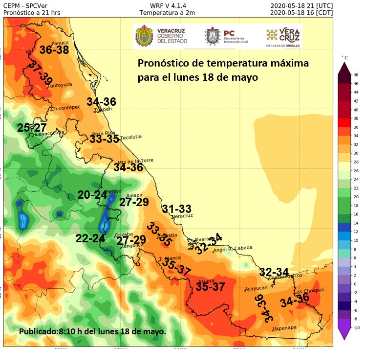 spcver's tweet photo. ☀Amigas y amigos hoy se prevé ambiente relativamente caluroso a caluroso al mediodía-tarde. Aquí el pronóstico de temperaturas máximas para este lunes 18 de mayo.👇 https://t.co/rSLBfBUO4p