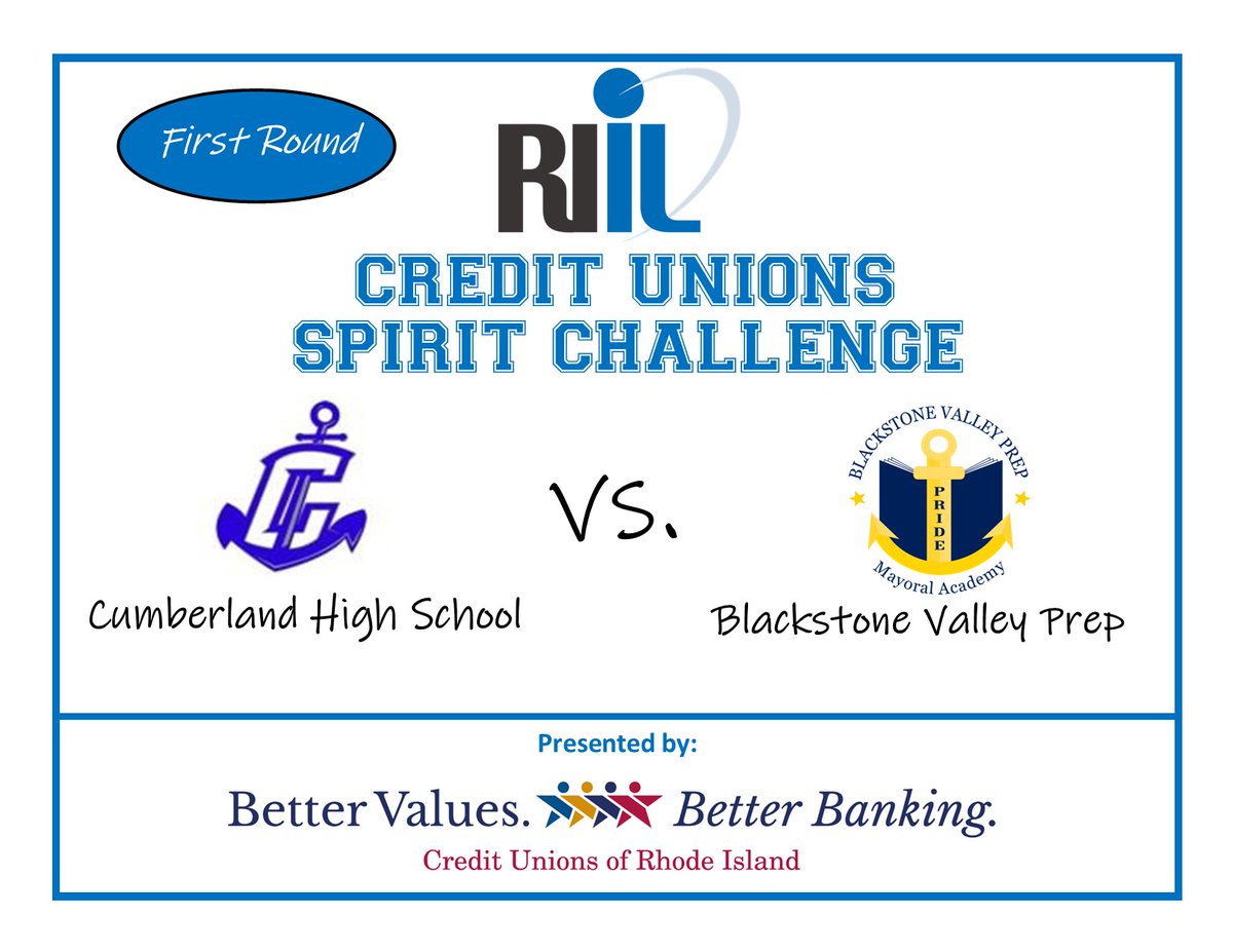 RIIL_sports's tweet photo. Our 1st pairing in the 1st Round of the Credit Unions Spirit Challenge . . .
Cumberland vs. Blackstone Valley Prep
Vote in the Tweet below. 
#RIILCUSPIRITCHALLENGE #FirstRound
@NavigantCU
@NFHS_Org
@GoBlueClippers
@BVPrep https://t.co/stry3bPxI4