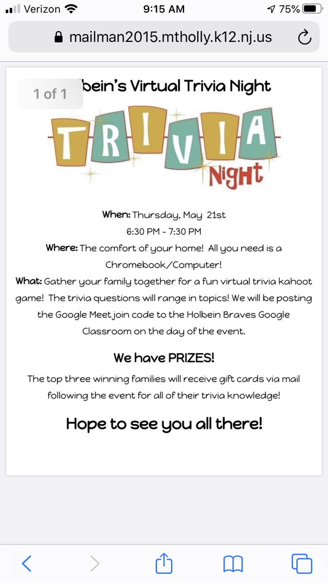 MrEhalasclass's tweet photo. Come join us this Thursday Holbein! #virtualtrivia#familynight 
@HolbeinSchool @mthollyschools @Miss__Young https://t.co/J0ldnpWmU1