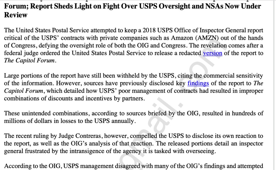 matthewstoller's tweet image. Oh look the pre-Trump Post Office management lied to Congress and covered up a report showing that it was doing sweetheart deals for Amazon and Fedex. (via the Capitol Forum).