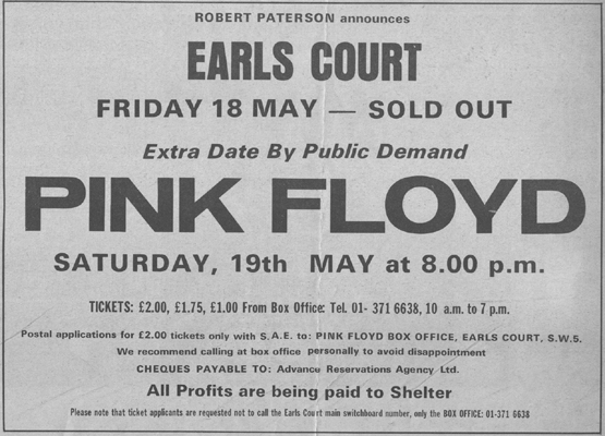 pinkfloyd's tweet photo. An advert for the shows in London 1973, raising money for homelessness charity Shelter. Record Mirror were very enthusiastic afterwards, calling the shows "truly a Floyd triumph". They were their only UK shows that year until one further benefit show in November for Robert Wyatt. https://t.co/YwlWPb0Ecs