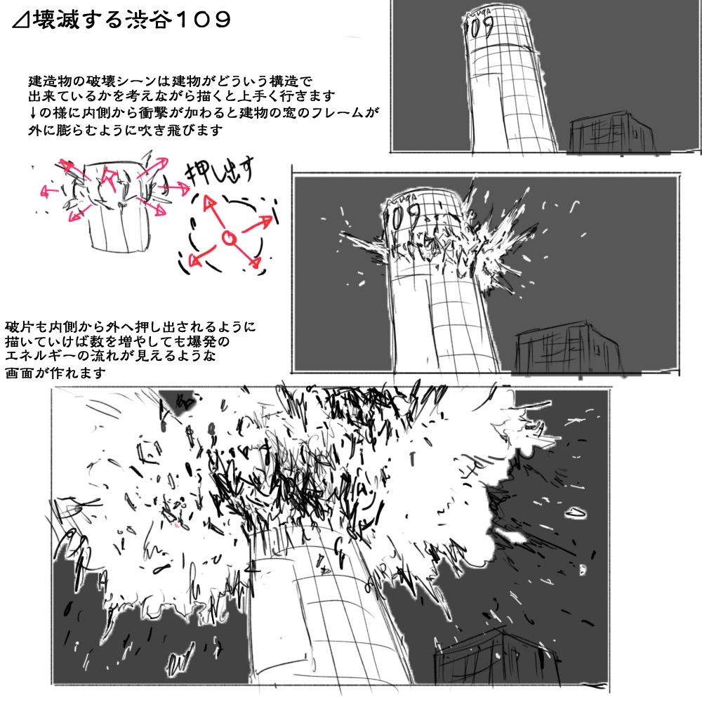 建物破壊エフェクトのキモはおそらく破片です 破片3次元的にを膨らますように散らばすとリアル感出ると思います
#春の創作クラスタフォロー祭り
#絵描きさんと繋がりたい
#芸術同盟 #創作クラスタさんと繋がりたい