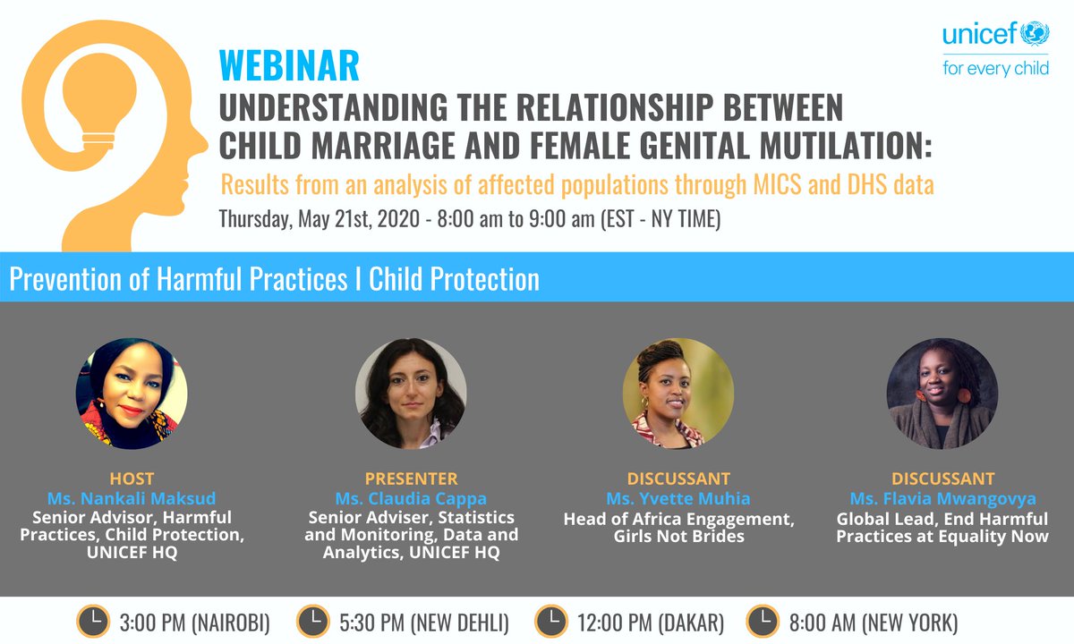 unicefprotects's tweet photo. 🔆UPCOMING WEBINAR🔆

"Understanding the Relationship Between Child Marriage &amp; Female Genital Mutilation"
 
Join us on 21 May from 8 to 9 AM (EST) to explore &amp; learn about results presented in the upcoming UNICEF research report.

REGISTER➡️https://t.co/58RiMh4wjA https://t.co/dzWJGcjJ4D