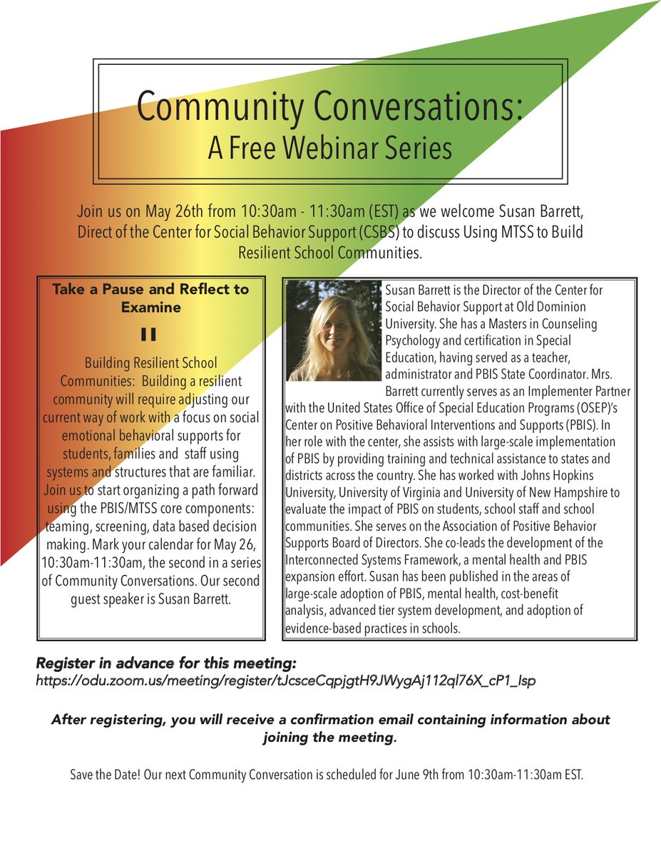 midatlanticpbis's tweet photo. Join us May 26th at 10:30am EST for our Community Conversation with guest speaker Susan Barrett: Using PBIS/MTSS core components (systems, data, practices) to build resilient school communities. Register: https://t.co/nagGCSqTE4 https://t.co/gUgR4e7Fdp
