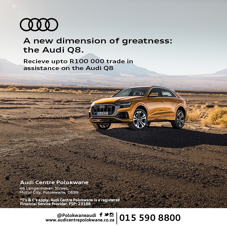 marblegoldgrp's tweet photo. A new dimension of greatness: The Audi Q8.
Receive up to R100 000 trade in assistance on the #AudiQ8.
For more details, Get in contact with us today. https://t.co/5JjlvR31FA
#AudiCentrePolokwane #AudiPLK #Audi #Q8 #AudiOffers https://t.co/to7w94f1fY