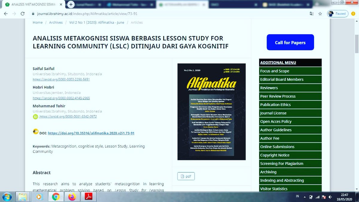 matematohir's tweet photo. ANALISIS METAKOGNISI SISWA BERBASIS LESSON STUDY FOR LEARNING COMMUNITY (LSLC) DITINJAU DARI GAYA KOGNITIF
https://t.co/w4w1wjSnVy
.
.
.
#Metakognisi #LessonStudy #LearningCommunity #LSLC #LessonStudyForLearningCommunity #GayaKognitif #Alifmatika #Matematohir #Olimattohir https://t.co/Go9utmANSH