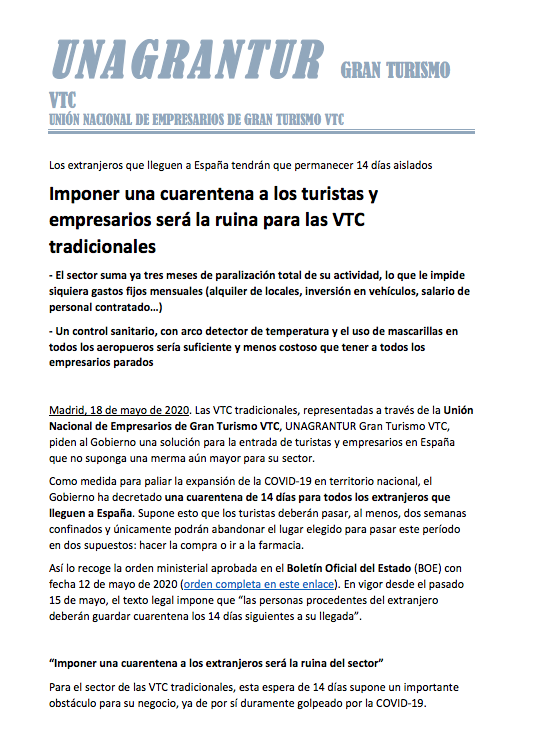 GranVtc's tweet photo. Con la decisión de mantener en cuarentena a los turistas y empresarios que llegan a España, se avecina la ruina para el sector de las #VTC tradicionales. Pedimos se derogue el Real Decreto de modo inmediato y se adopten las medidas sanitarias que correspondan para las personas https://t.co/sX66FGgGl5