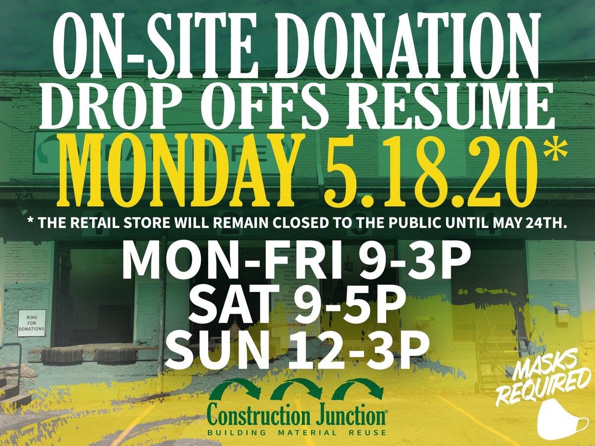 CJreuse's tweet photo. Beginning today, on-site donations &amp; pickups have resumed, as well as deconstruction work. The store remains closed until 5.24 with phone sales &amp; curbside pickups remaining available.
https://t.co/ue1a4Bltym
...
New hours:
M-F 9-3
Sat 9-5
Sun 12-3
...
#cjreuse #circulareconomy https://t.co/R3lFq3s6ck