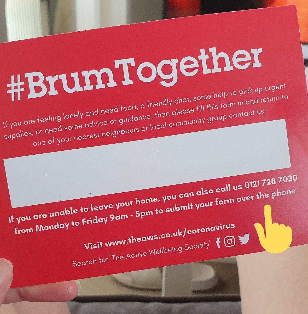 Been posting these through letterboxes today, if you know of anyone that might benefit pass this on or call for them 😊 #BrumTogether