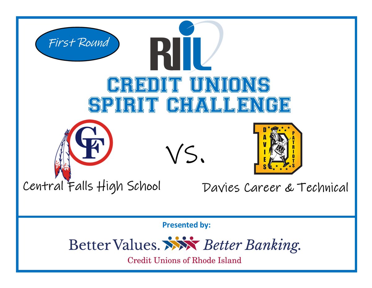 RIIL_sports's tweet photo. FIRST ROUND, Credit Unions Spirit Challenge
Central Falls vs. Davies
Vote in the Tweet below.
#RIILCUSPIRITCHALLENGE
@NavigantCU
@NFHS_Org
@Fic27
@DaviesTechHS https://t.co/Uac3sNBJpG