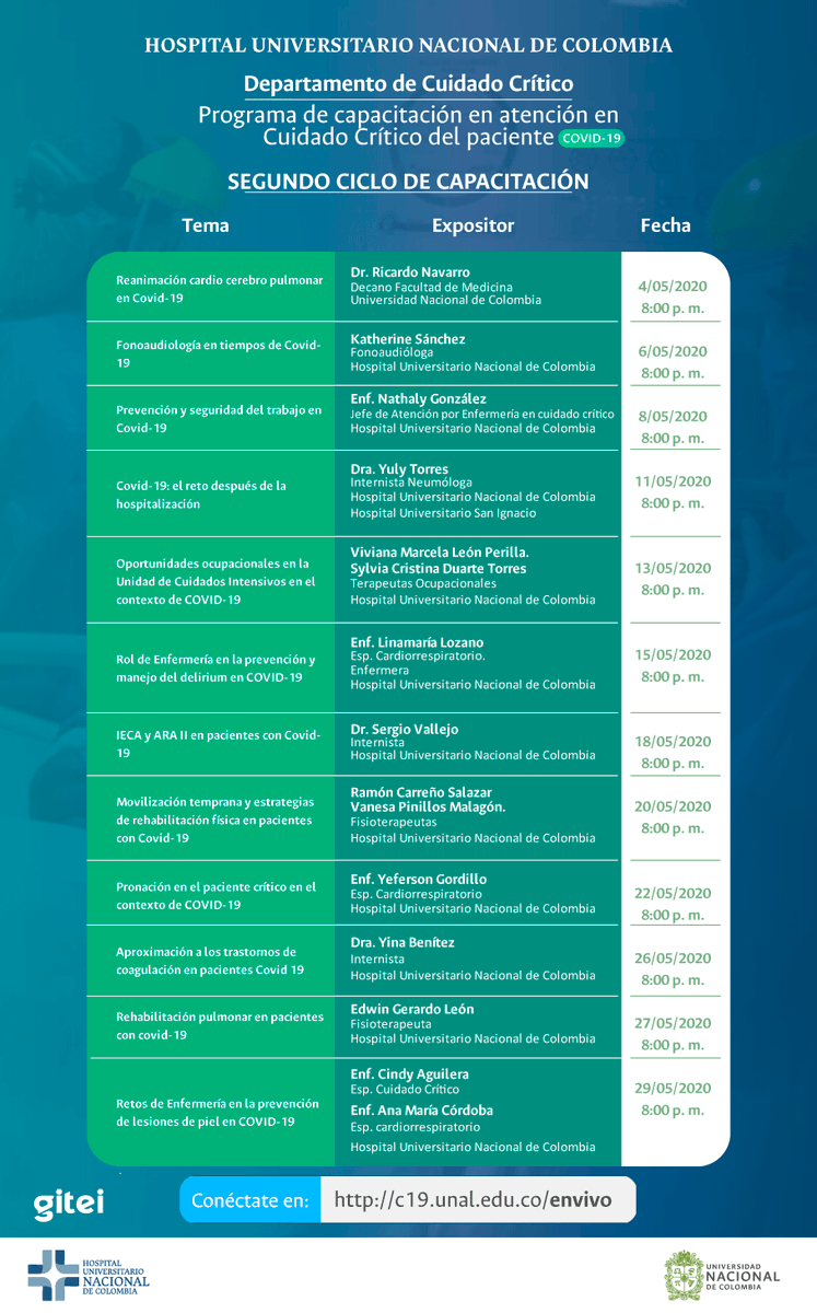 HospitalUNAL's tweet photo. ¡Prográmate! Ya inició el segundo ciclo de capacitación "Atención en Cuidado Crítico del paciente COVID-19", Internistas, Fisioterapeutas y Enfermería, brindando su conocimiento para libre acceso. Lunes, Miércoles y Viernes 8:00 pm ⏩https://t.co/XKxCQW4LIJ @MedicinaUNAL https://t.co/4uaSNJn79s