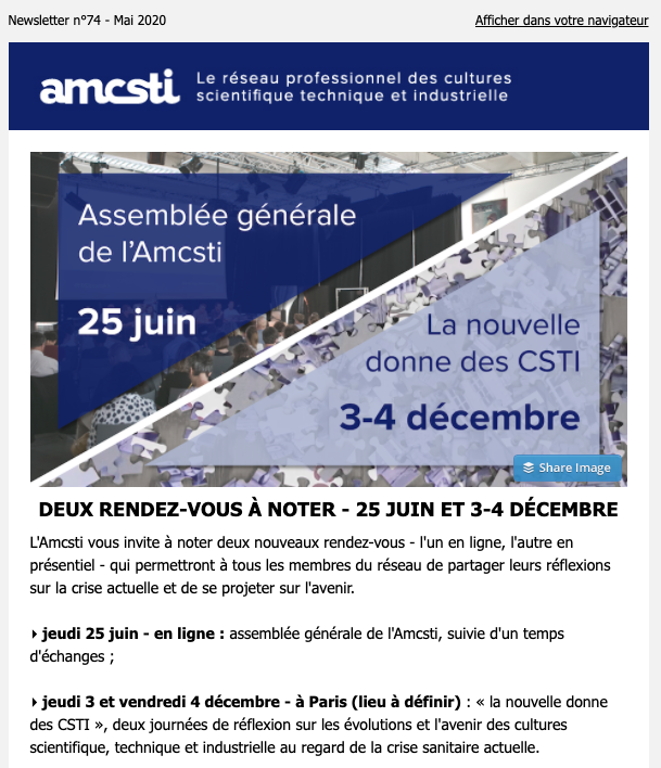 Amcsti's tweet photo. 📆 Deux évènements #Amcsti à noter
🎖️Journée #openbadge
💻 Webinaires membres
🗞 Actus
📖 #BulletinAmcsti
🔎 #AnnonceCSTI
...et toutes les actualités du réseau #CSTI sont dans notre newsletter de mai !
👉 https://t.co/zmhLEHsHQw https://t.co/MNpo5Gl16b