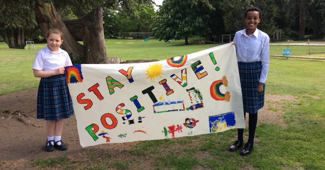 Langley_Prep's tweet photo. Look at this wonderful ‘stay positive’ mural created by our key worker children - from Early Years to Year 7 - who painted pictures of the things that make them happy https://t.co/G3Vs7YWIYe