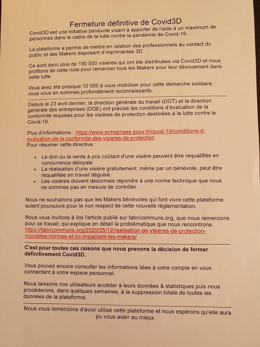 🦠⚠️Excès de zèle bureaucratique conduisant à la fin d’une action bénévole ayant permis d’équiper plus de 200.000 soignants en visières de protection gratuites⁉️#ChampionsDuMonde 
covid3d.fr