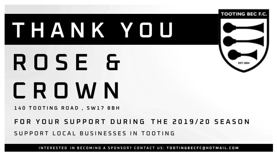 TootingBecFC's tweet photo. First up, @RoseCrownSW17

Thanks to Chris and his staff at the R&amp;C for fuelling the team and helping us kit the players out for the last few seasons. We’re proud to partner one of London’s finest pubs!

We can’t wait to be back with you when normality resumes 🍻🍕

#UpTheBec https://t.co/JfGuLZCUch