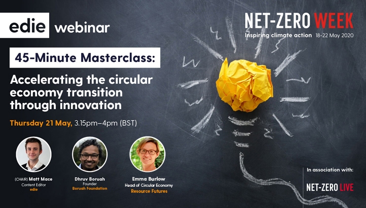 edie's tweet photo. Upskill with our 45-Minute Masterclass: 'Accelerating the circular economy transition through innovation' - our #netzero week #ClimateActionInspirationSession will equip you to help your business transition towards a circular economy. Register at: https://t.co/gnXyoXV0dw https://t.co/URp8Whwf8m