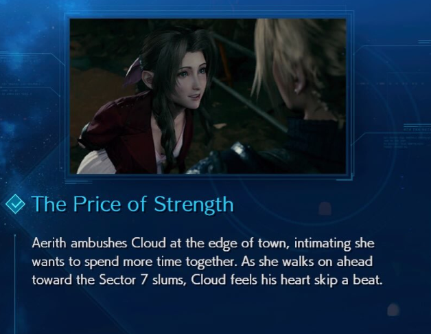  We literally have a description from within  #FF7R's actual gameplay that says Cloud's heart skips a beat as he's watching Aerith walk away. This idiom is often used for romance and no matter how you interpret its meaning, Cloud's heart is only affected by Aerith.