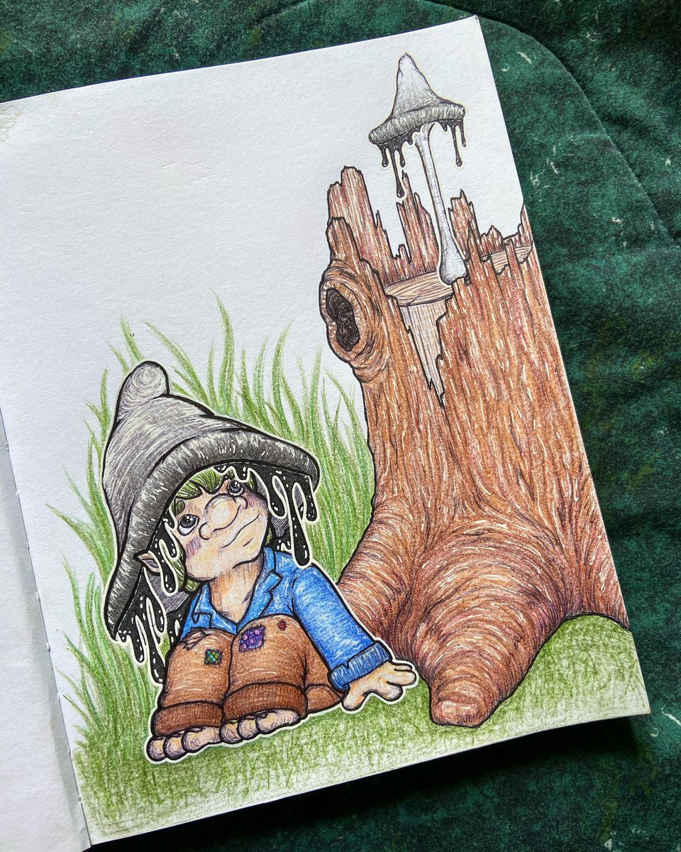 BlankPagesIndy's tweet photo. DONE! Supper happy with how the little guy turned out! #gnome #mushroom #mushroomart #treestump #tree #inkycap #inkycapmushroom #inkycaps #drawing #penandink #coloredpencil #inky #cute #color #nature #art #cuteart #fantasyart #fantasy #doodle #sketch #sketchbook #sketchbookart https://t.co/8d60oiuS8Q