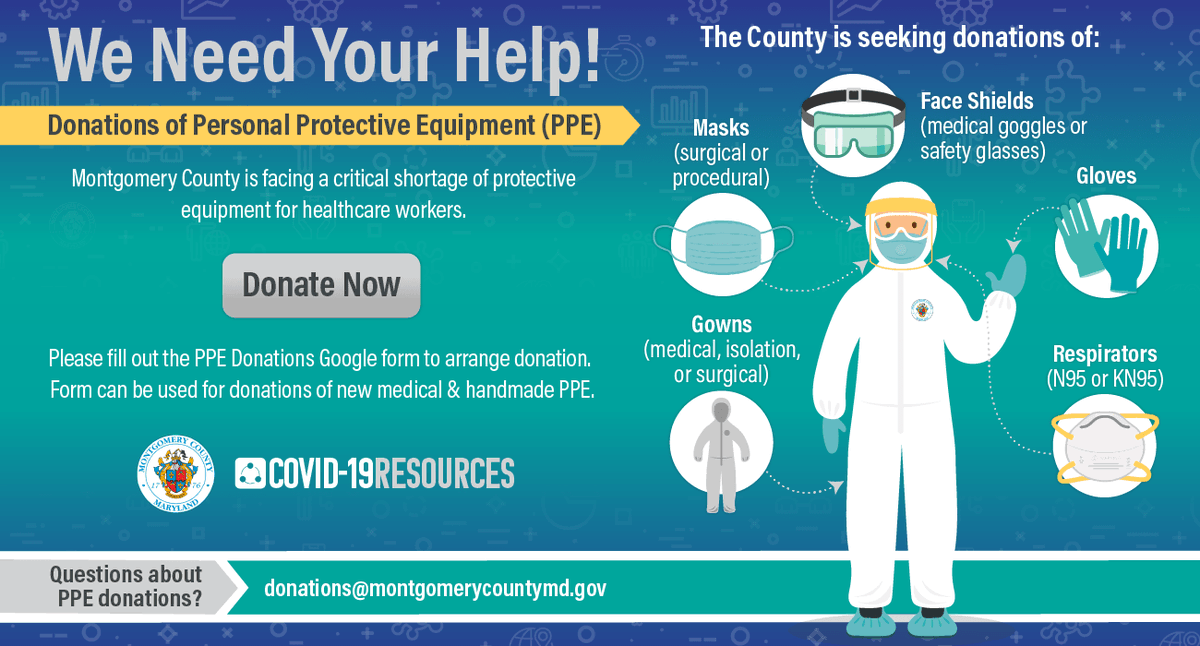 MontgomeryCoMD's tweet image. Can you help? Donate personal protective equipment (PPE) at dropoff sites in Gaithersburg and Silver Spring. For details: buff.ly/2XBBCKG. @ReadyMontgomery @MontCoCERT