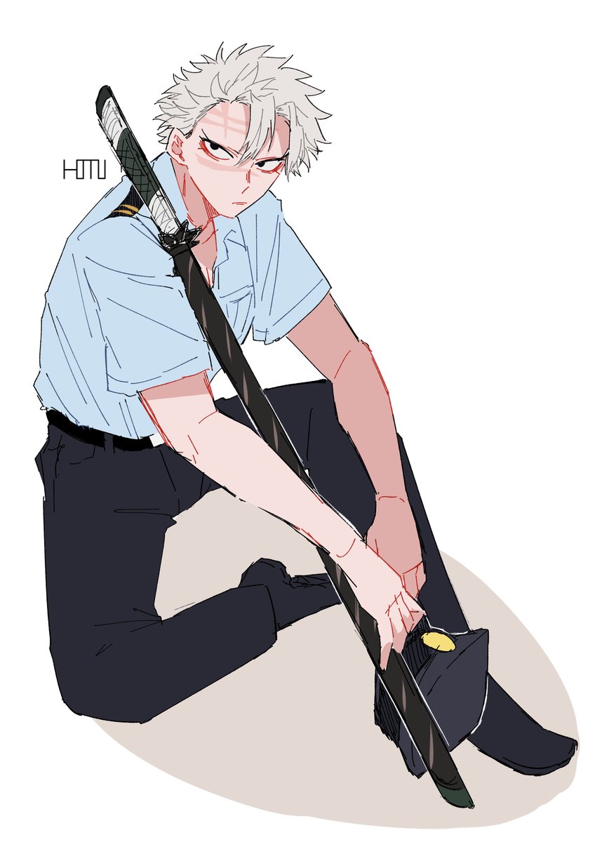 1boy solo male focus weapon holding uniform sitting  illustration images