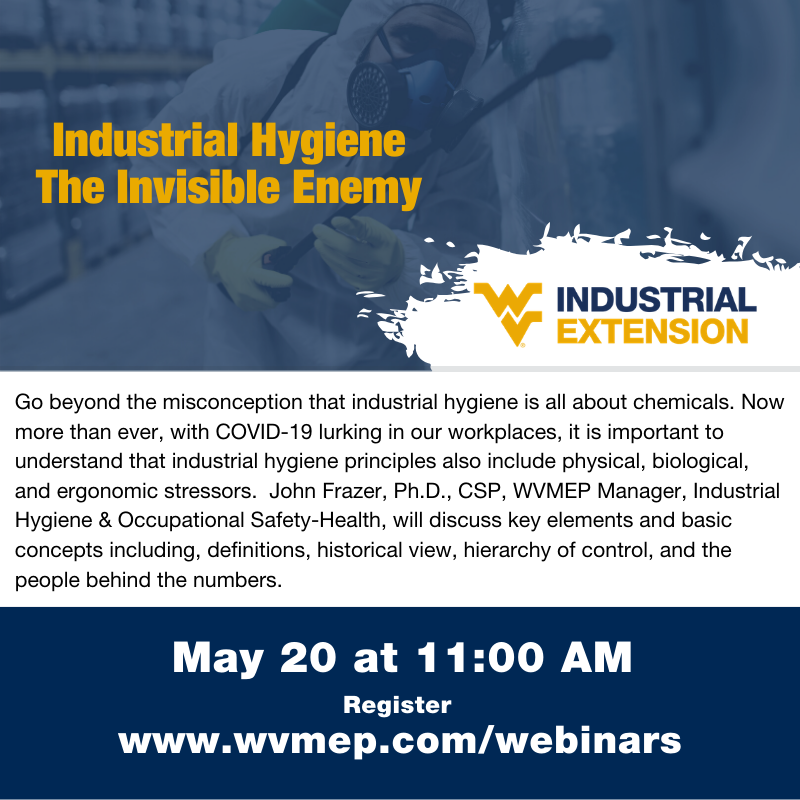 wvmep's tweet photo. Go beyond the misconception that industrial hygiene is all about chemicals. Now more than ever, with COVID-19 lurking in our workplaces, it is important to understand that industrial hygiene principles also include physical, biological, and ergonomic stressors.  @drsafetywv https://t.co/yo6ldmlpZ8