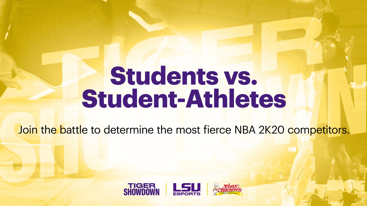 LSUsports's tweet photo. STUDENTS: Here's your chance to play NBA 2K20 vs. @DhaSickest, @LSUBasketball &amp; @LSUwbkb in the #LSU Tiger Showdown presented by @TonyChacheres!

It's free! 
Register by May 27: https://t.co/UNV7RBHOWm https://t.co/Y2qfWoELlo