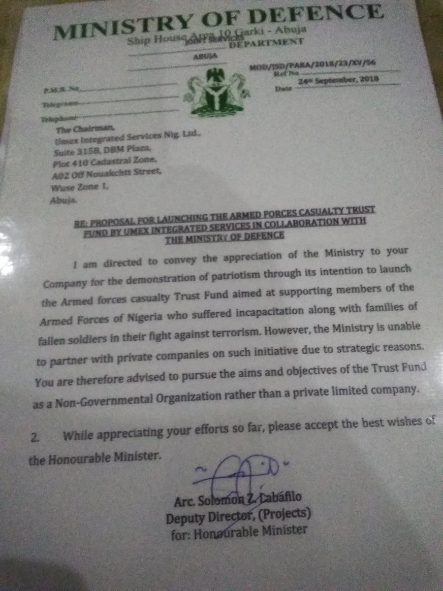 This is  official Twitter account of d Armed Forces Casualty Trust Fund approved for establishment by d Ministry of Defence as NGO to support officers&amp;men who suffered incapacitation&amp;families of those who died in d war against terrorism&amp;other combats in Nig.