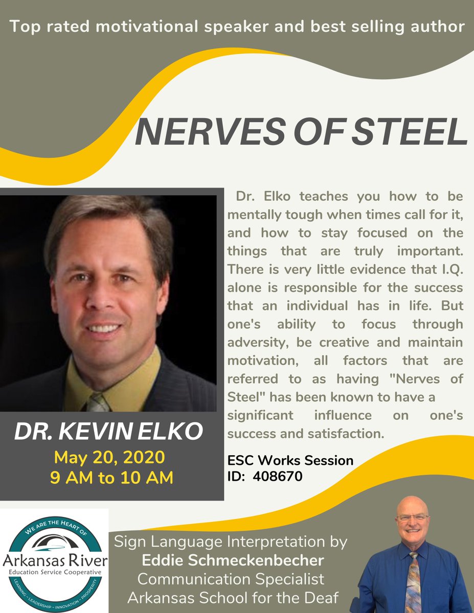 Dr. Elko - motivational coach to NFL, SEC, and others. 
Known for inspiring individuals and teams to greater success - Hits you with the truth and inspires at the same time. Register on ESC Works for a virtual seat! 
Wed, May 20 - 9:00 a.m. (New Start Time.) Bonus:  Eddie!