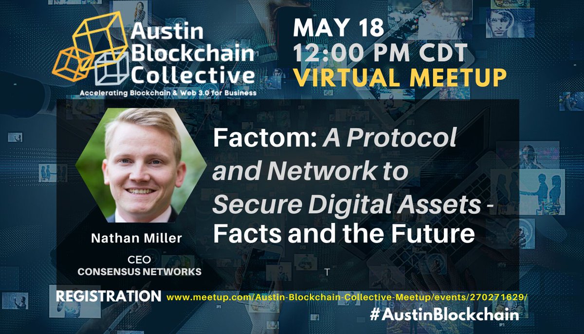 DecentratechC's tweet photo. Join us today for our #VirtualMeetup at Noon CDT.
Factom: A Protocol and Network to Secure Digital Assets - Facts and the Future https://t.co/Ow5wKR43jz
We are honored to have @ConsensusNet's Nathan Miller present and answer questions.
#AustinBlockchain #FactomProtocol #Austin https://t.co/QX3aEMMJLI