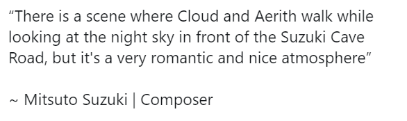  MIDNIGHT RENDEZVOUS ANOTHER song created for a Cloud & Aerith moment to convey "romance". Why would they create another song with a purposeful romantic atmosphere to it UNLESS they were trying to convey romance between Cloud & Aerith? https://twitter.com/DMoranTunes/status/1258442147264593921