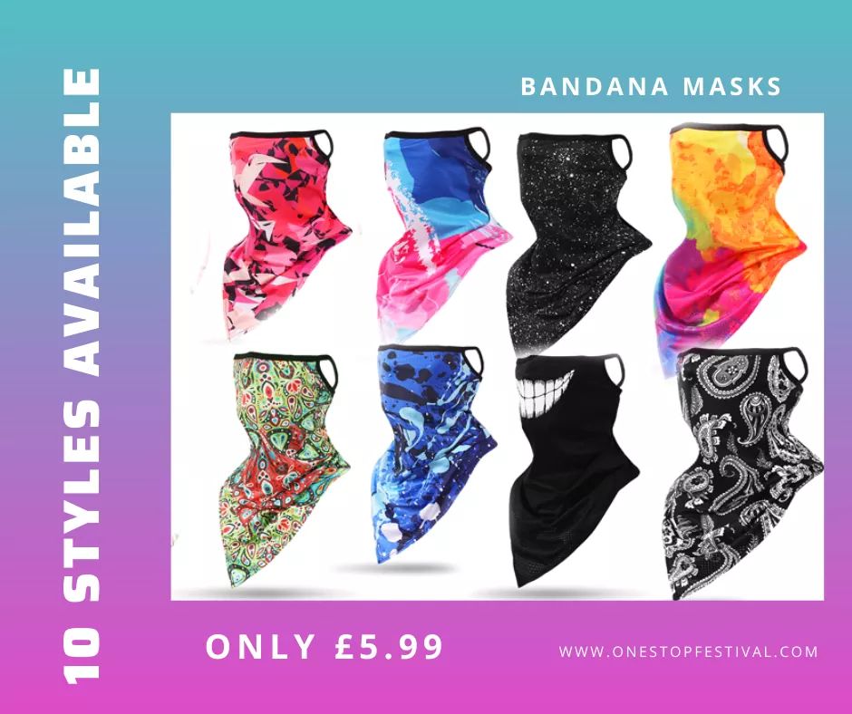 Bandana/snood /mask /face covering note available at onestopfestival.com #bandana #mask #snood #covid #coveryoyrface