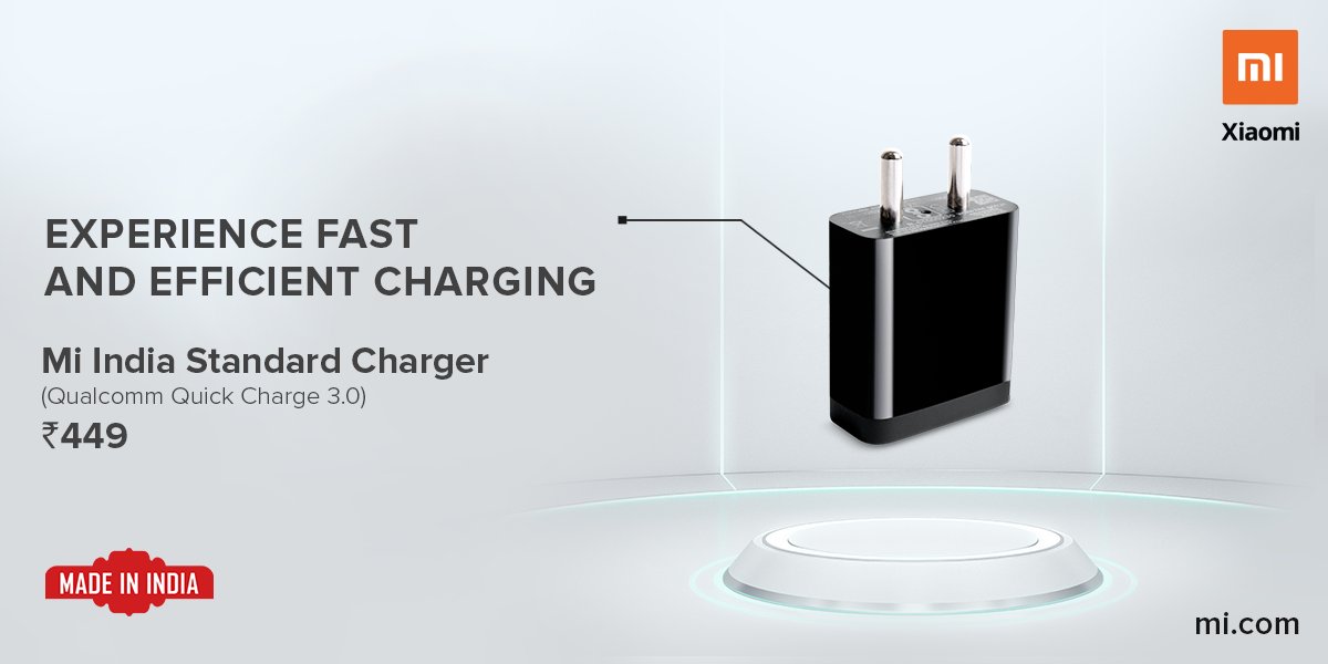 XiaomiIndia's tweet image. Mi fans, get the Mi India standard charger (Qualcomm quick charge 3.0) for:
 
- Efficient charging
- Overheating prevention
- Certified Qualcomm quick charge

Know more - bit.ly/3dVzsu5