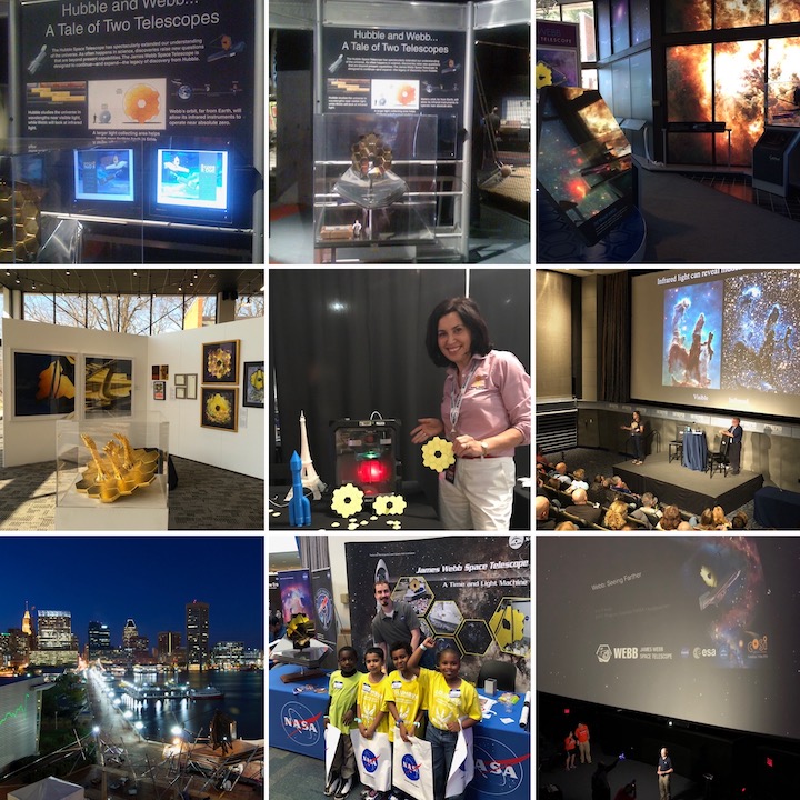 9 photos of various talks and exhibits at museums.