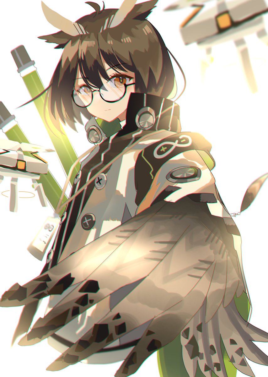 silence (arknights) 1girl drone solo brown hair glasses feather hair white background  illustration images